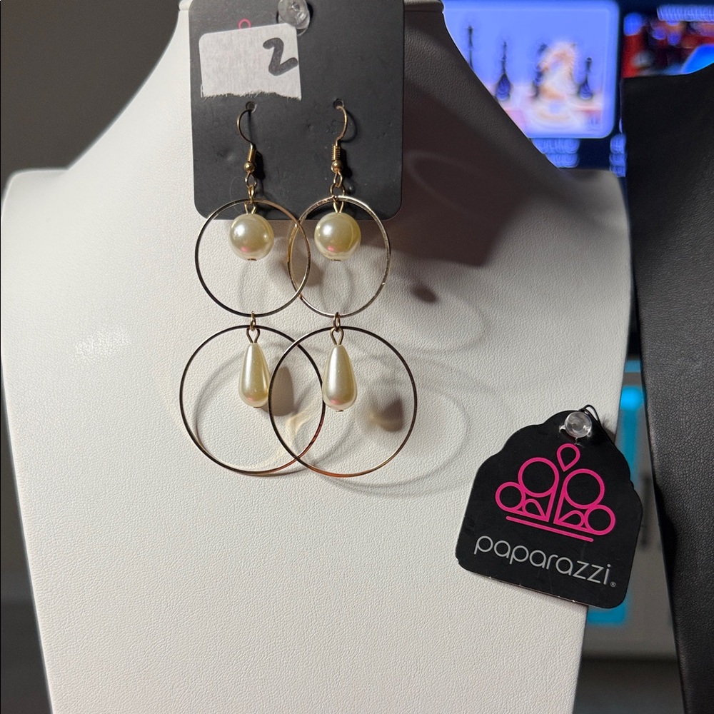 Paparazzi Gold and White Double Hoop Earrings